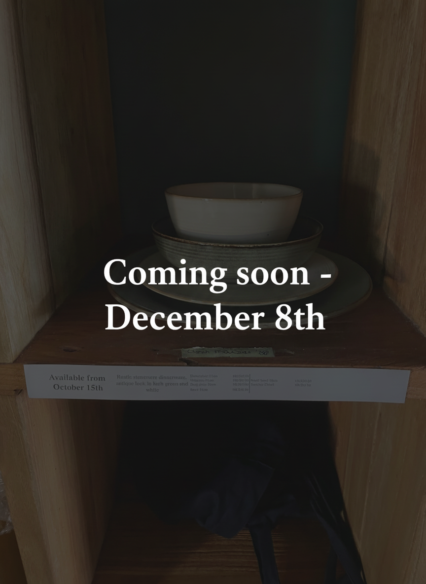 Reactive glaze dinnerware with Coming Soon overlay